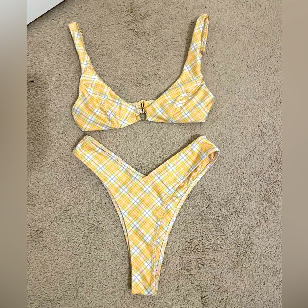 Lahana Swim Yellow Plaid/Tartan Bikini Size S